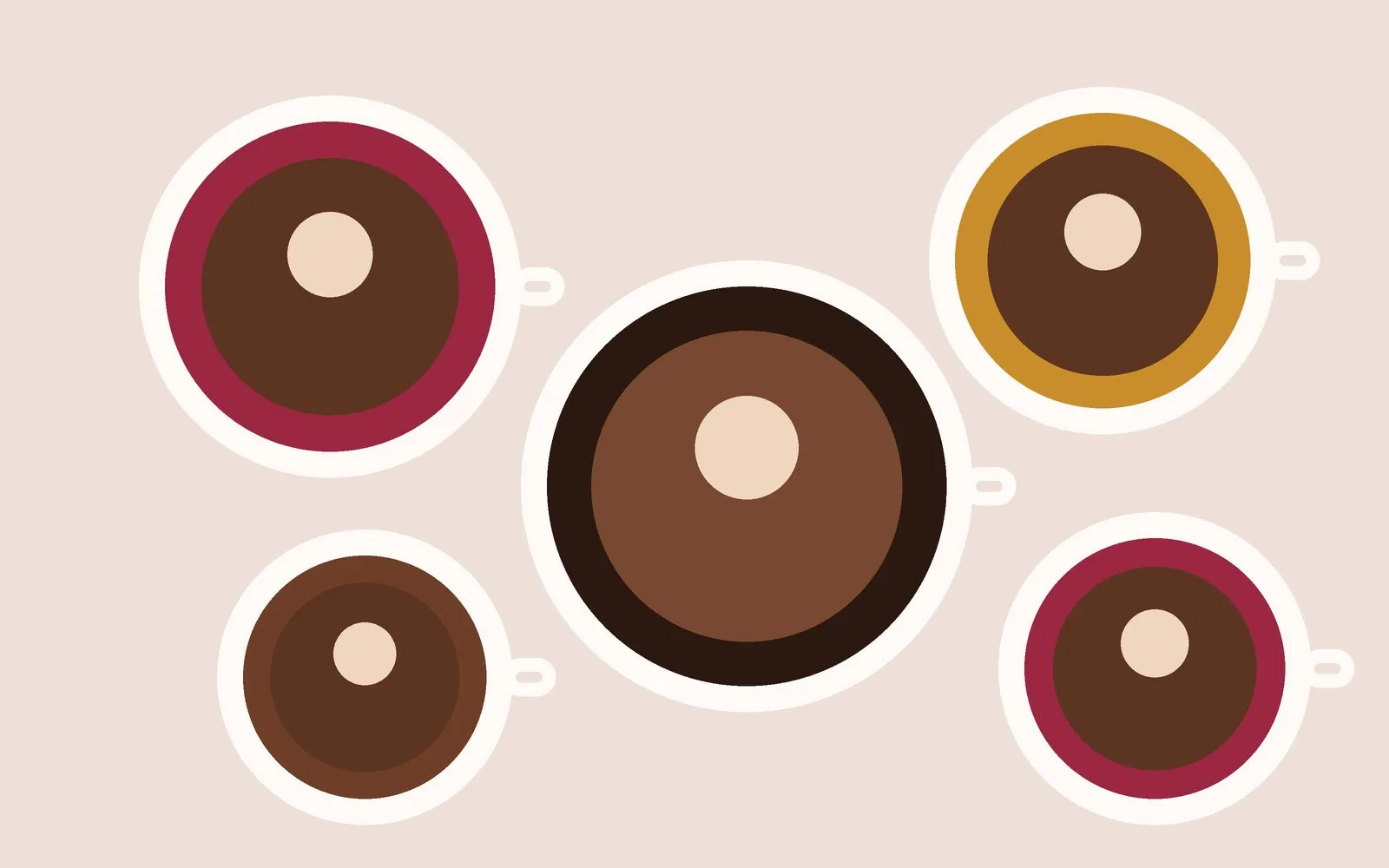Five cups of hot chocolate seen from above
