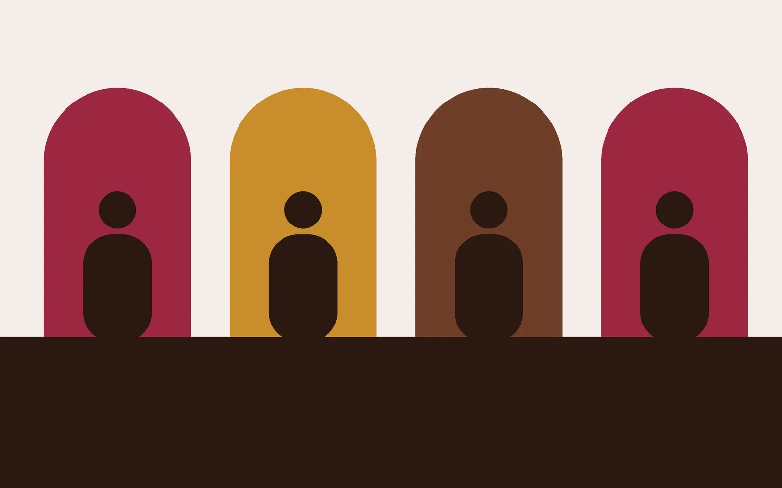 Illustration of four figures standing in arched doorways
